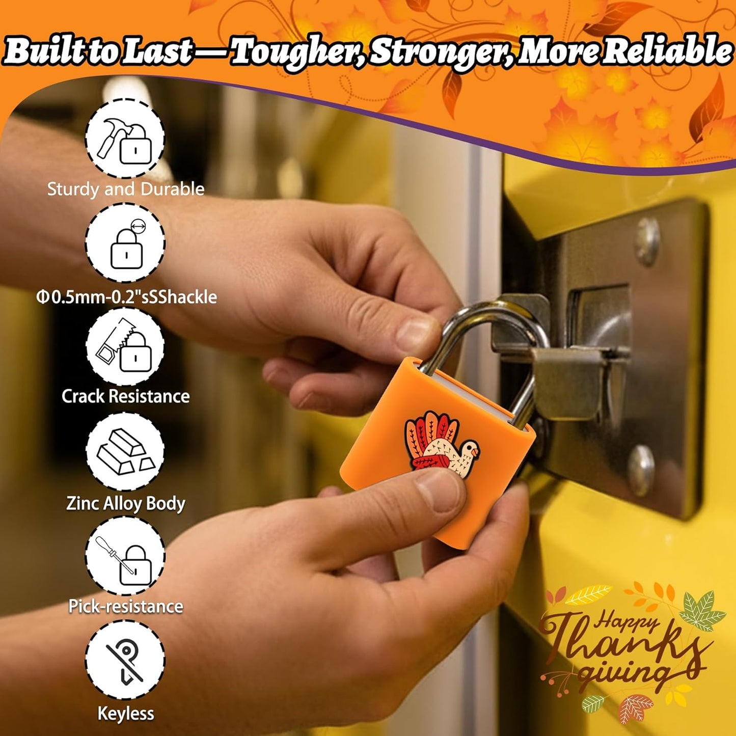 UMIKSMART Padlock, Keyless Fingerprint Padlock with USB Charging, Gym Lockers, School Lockers, Luggage, Storage Boxes, Cabinets, Backpack, Thanksgiving Gifts (Maple Leaf Orange)
