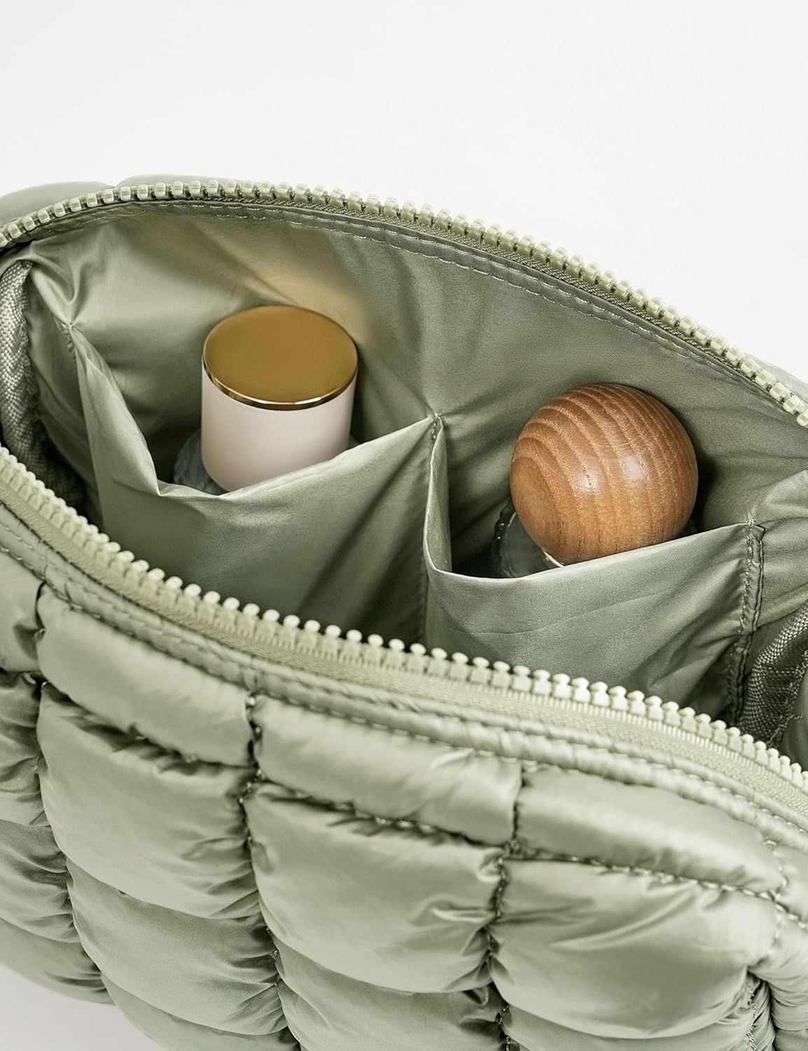 Yarnic Quilted Makeup Bag Cosmetic Bag, Small Puffer Makeup Pouch Soft Puffered Make up Pocket Travel Toiletry Bag for Women, Cute Makeup Bag Organizer (S, Sage Green)