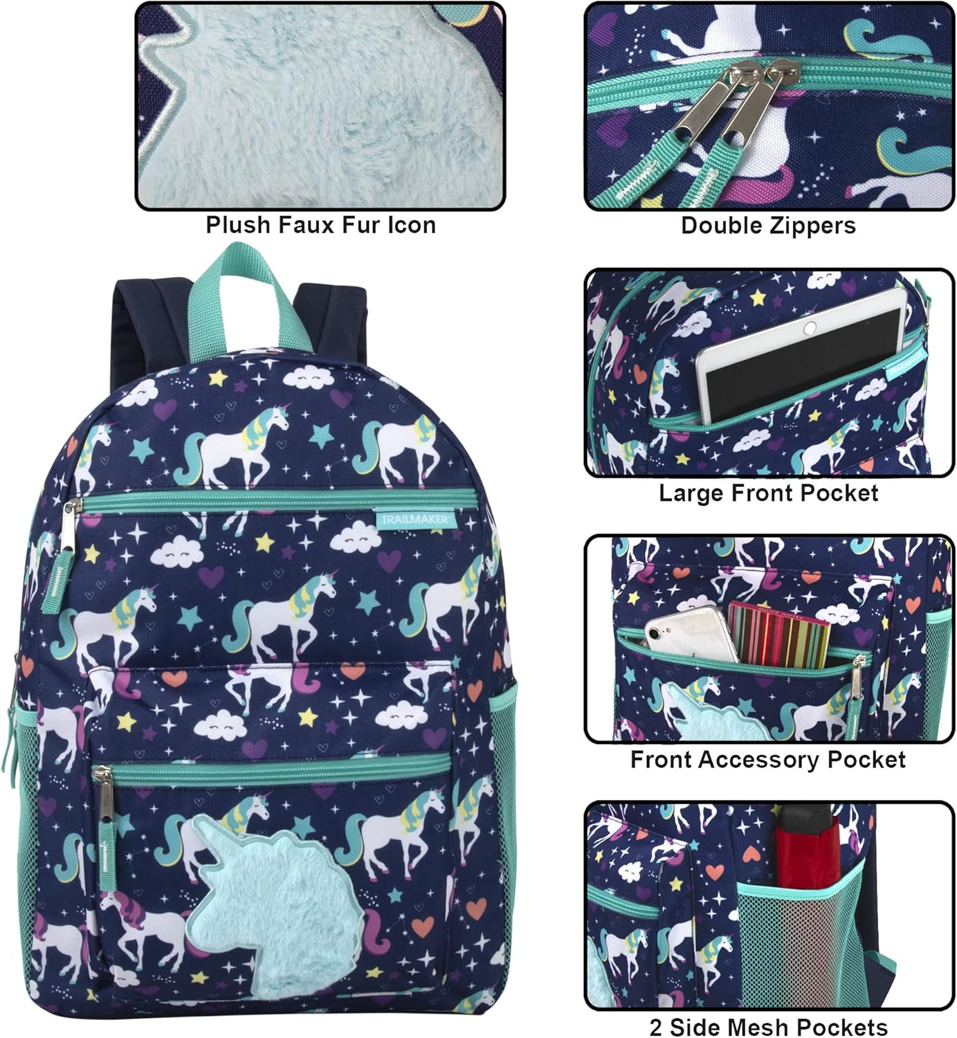 Trail maker 17” Kids Character School Backpacks Plush for Girls with Side Pockets, Padded Straps