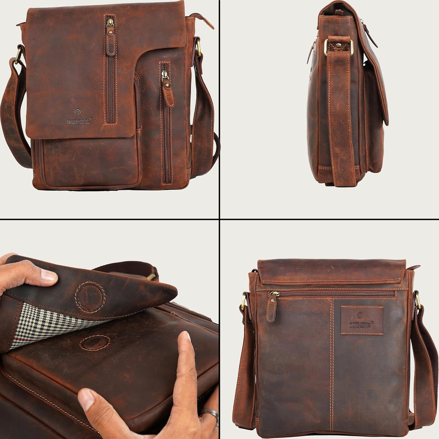 Vintage Leather Messenger Sling Bag – Premium Crossbody Satchel with Curved Flap, Zipper Closure, Adjustable Strap – Stylish Travel & Work Bag for Men & Women