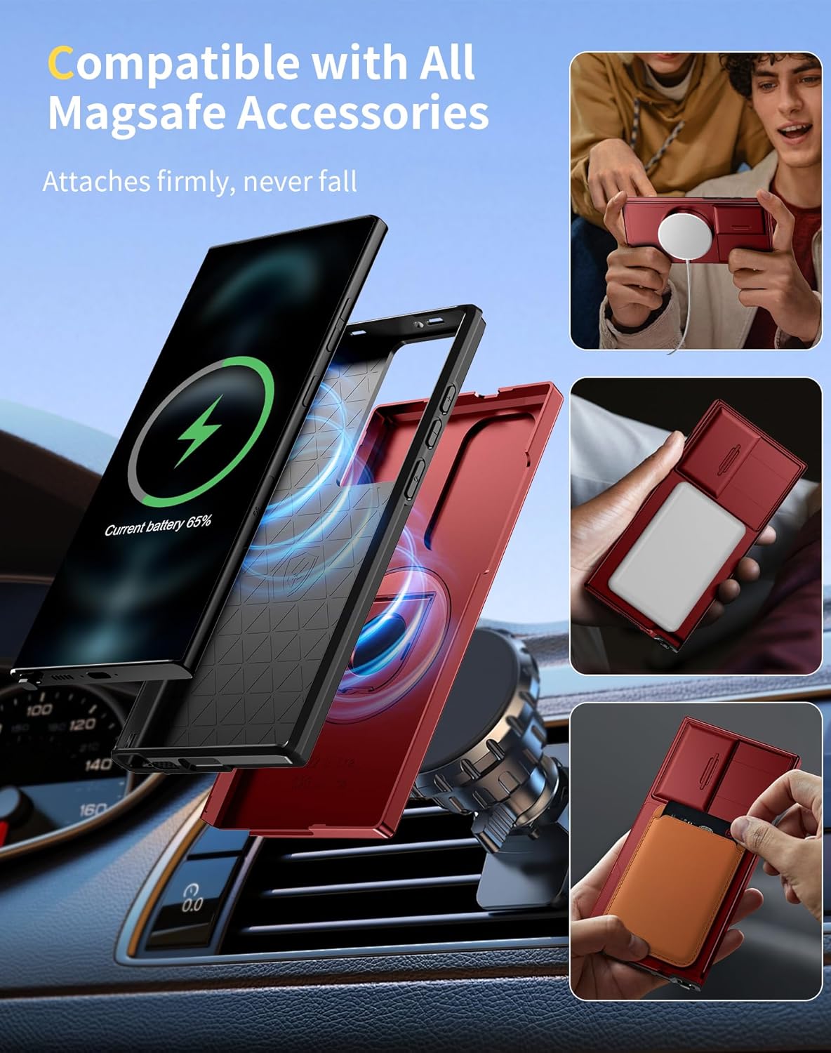 for Samsung Galaxy S23 Ultra Case Magnetic Compatible with MagSafe Wireless Charging,with1 Screen Protector,with Stand Ring+Camera Cover Anti-Scratch Shockproof Heavy Duty Protection Red