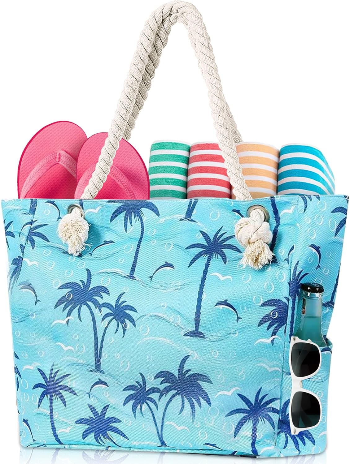 TESALATE Large Canvas Beach Tote Bag with Zipper Waterproof for Women Swim Travel Swim Pool Shopping Cruise Essentials Gifts