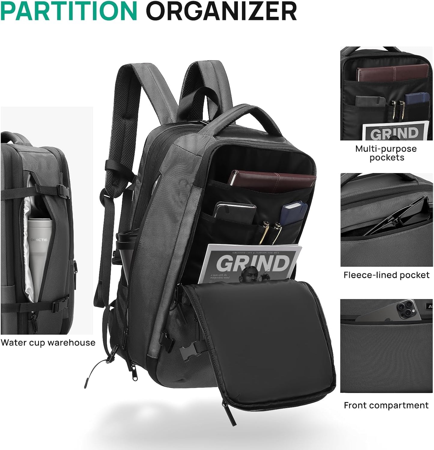 Dinictis Vacuum Seal Travel Backpack 60L Built-in Pump, Expandable Backpack with Vacuum Compression fits 17 inch Laptop, Waterproof Carry On Suitcase Luggage suit for Short Trip and Business-Dark Grey