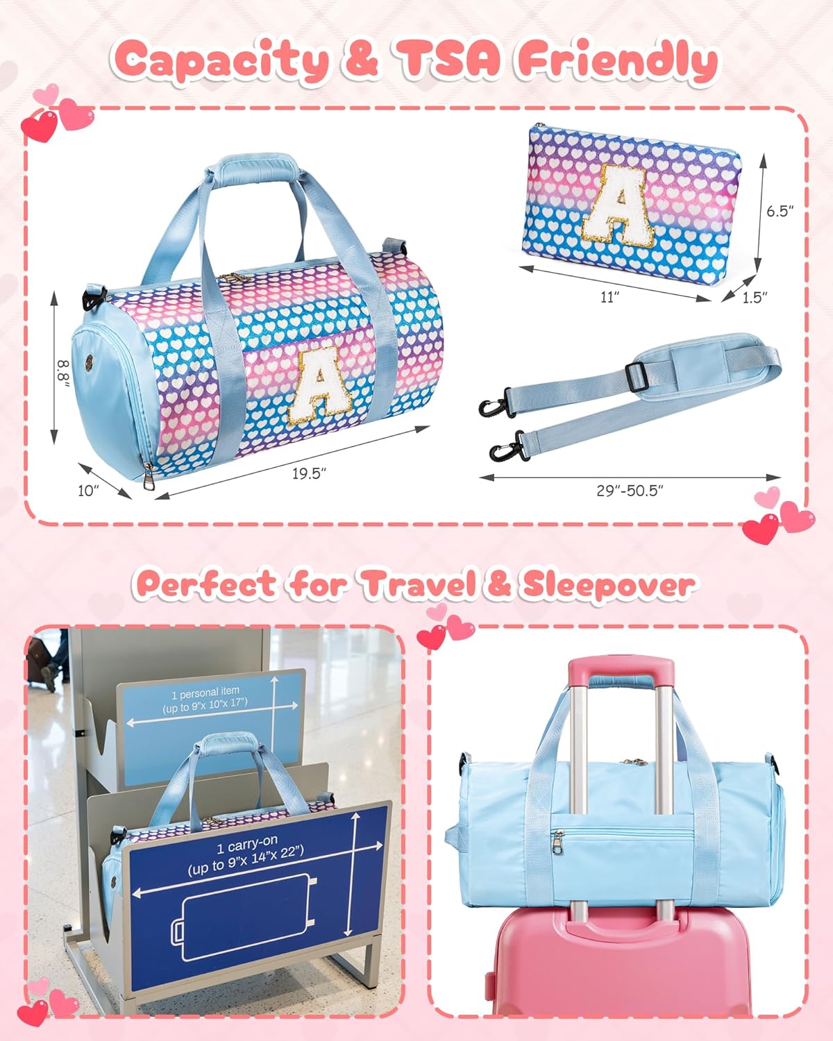 Christmas Gifts for Grandkids, Girls Travel Duffel Bag, Kids Initial Overnight Bags with Shoe Compartment, Initial Duffle Bag with Makeup Pouch, Birthday Gift for Granddaughter (Letter W)