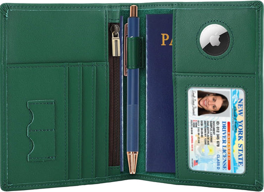 STAR VISTA Phoenix Leather Passport Holder, Calfskin Leather Travel Wallet - RFID Blocking, ID Window, Zipper Pocket, Pen & Notebook Included, AirTag Holder, Mint