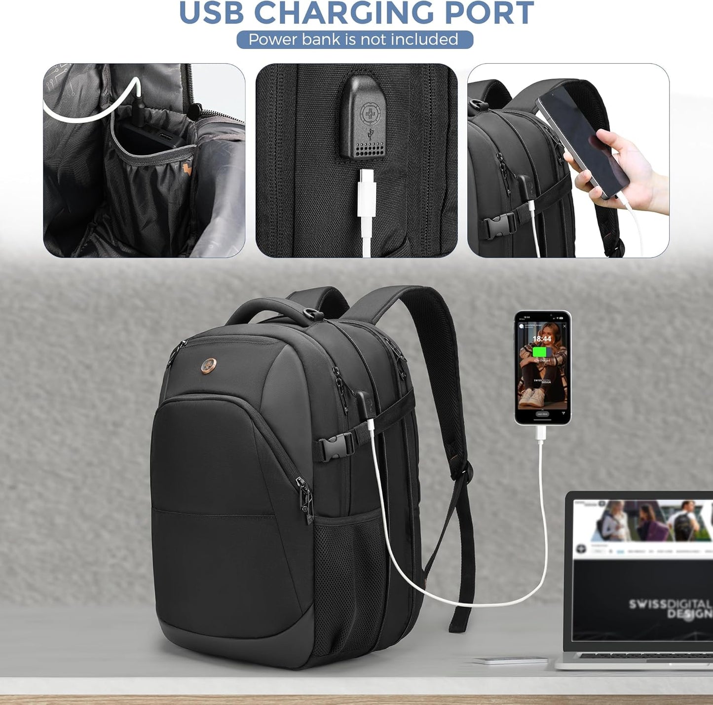 Swissdigital Design Travel Laptop Backpack, 35L Expandable Large College Laptops Backpack with USB