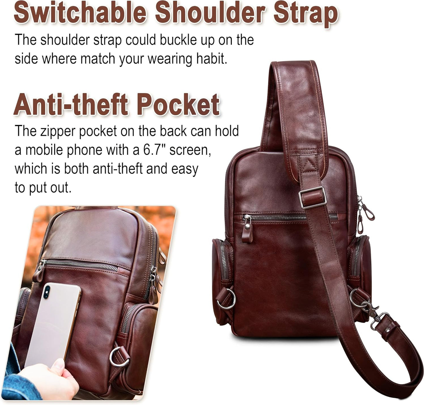 Genuine Leather Sling Bag for Men Large Crossbody Shoulder Bag Casual Sling Backpack Anti-Theft Travel Chest Purse