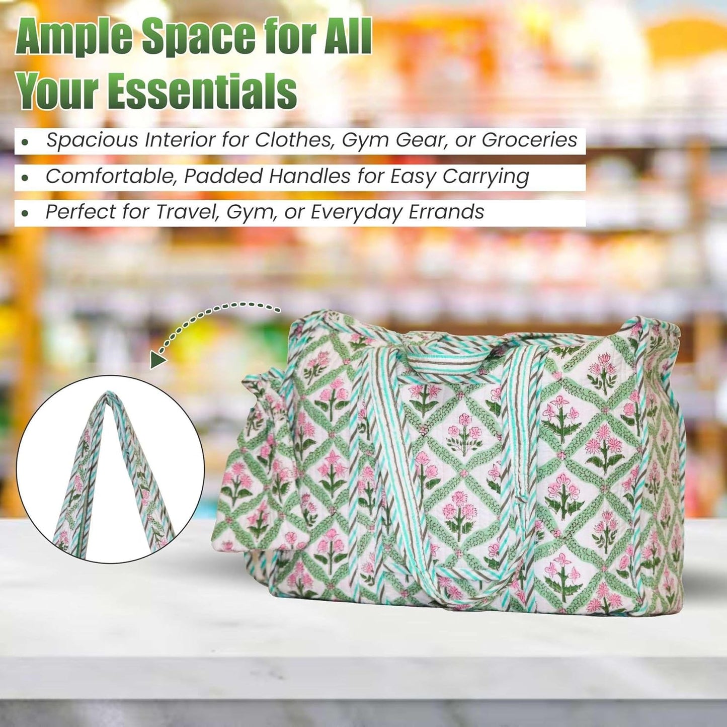 Floral Cotton Tote Bag for Women – Large Reusable Shoulder Bag for Shopping, Grocery, Beach, Travel & Everyday Use