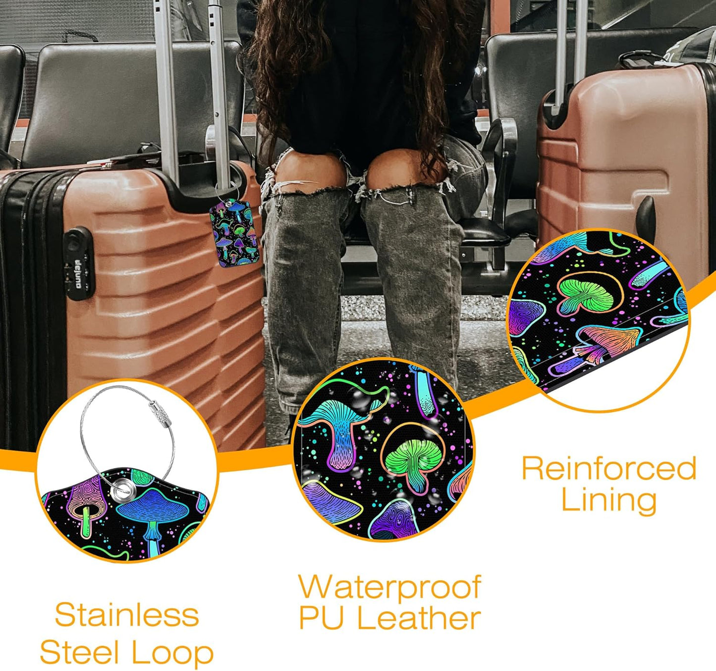 3 Pack Luggage Tag for Suitcase Colorful Mushrooms Leather Travel Cruise Luggage Tag with Stainless Steel Loop Name ID Label Privacy Cover for Adults Teens Travel Bag Labels Set