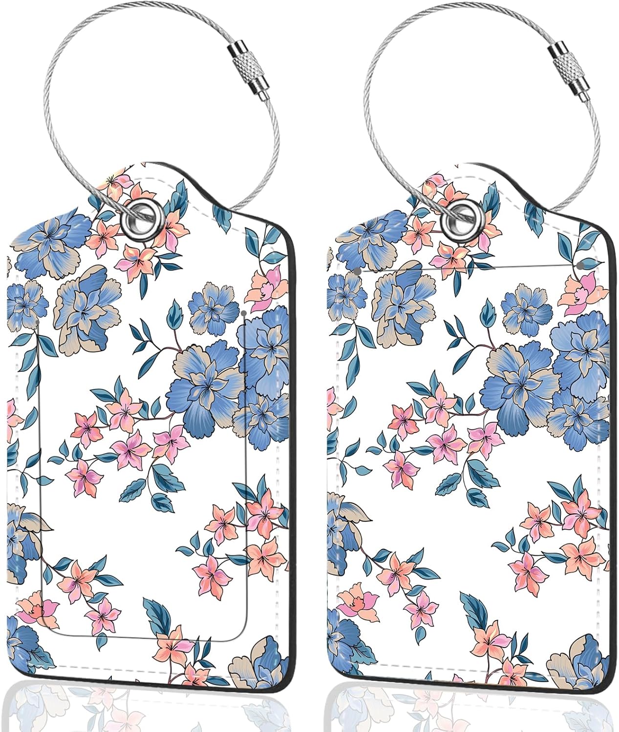 2Pack Luggage Tags for Suitcases, Cute Unique Pu Leather Cruise Luggage Tag with Privacy Cover ID Label Address Card and Metal Ring Suitable for Women Men Kids Travel Bag Blue Pink Flowers