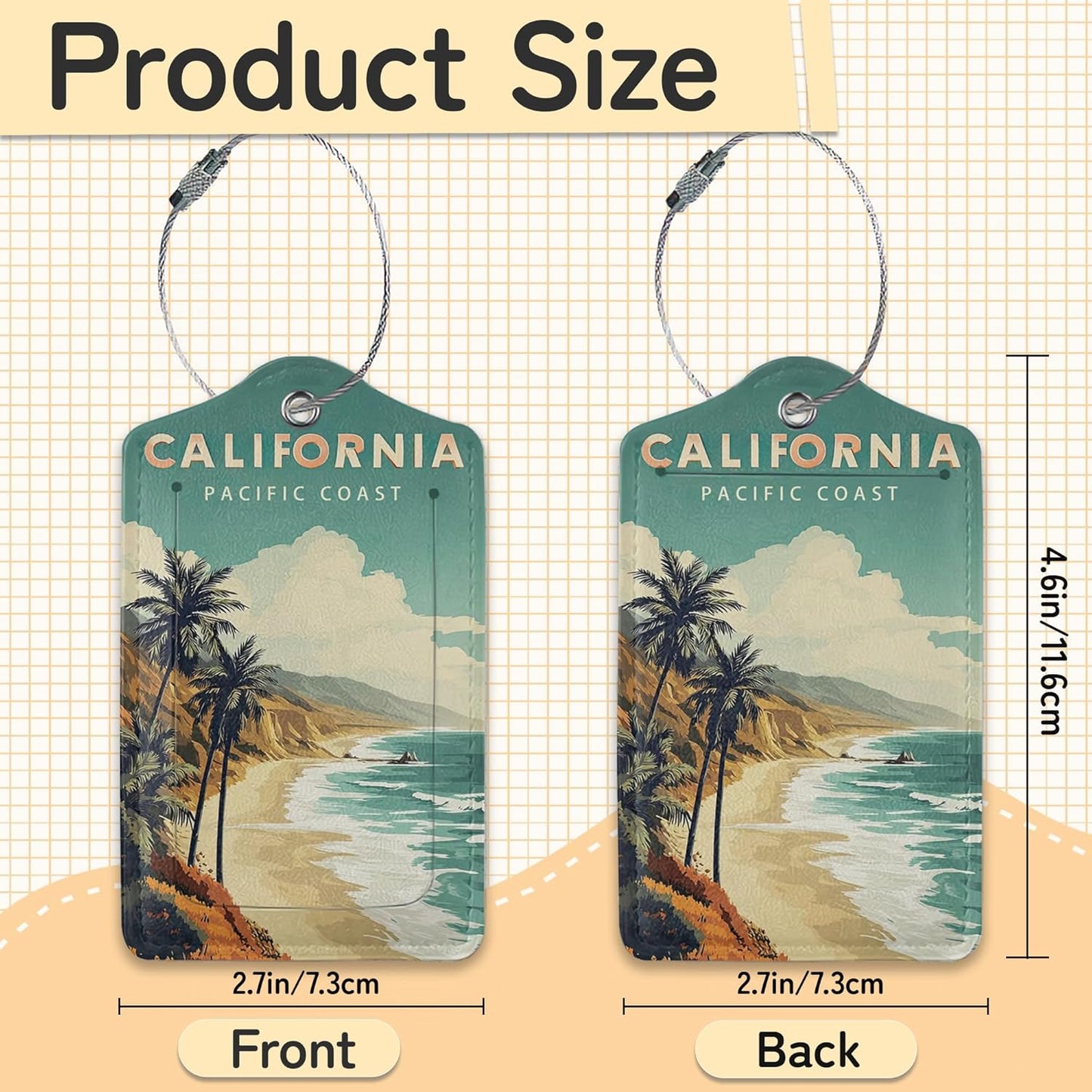 3 Pack Beach Tree Palm Luggage Tags for Suitcases, Cute Leather Name Tag with Privacy Cover with Stainless Steel Loops, Travel ID Bag Tags for Women Men