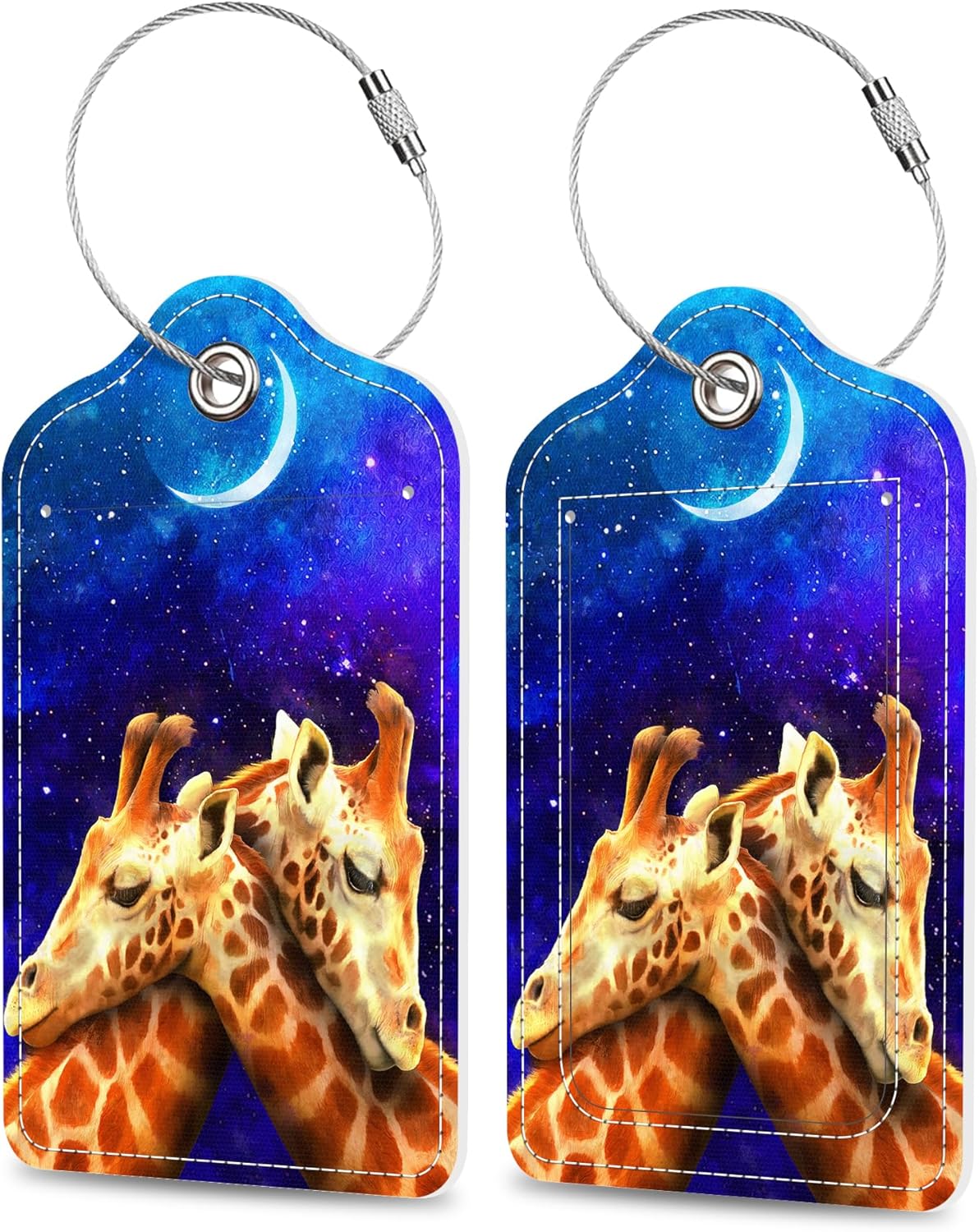 Set of 2 Luggage Tags Couple Giraffe at Galaxy Sky Leather Suitcases Tag with Privacy Cover Stainless Steel Loop and Address Card for Women Men Travel