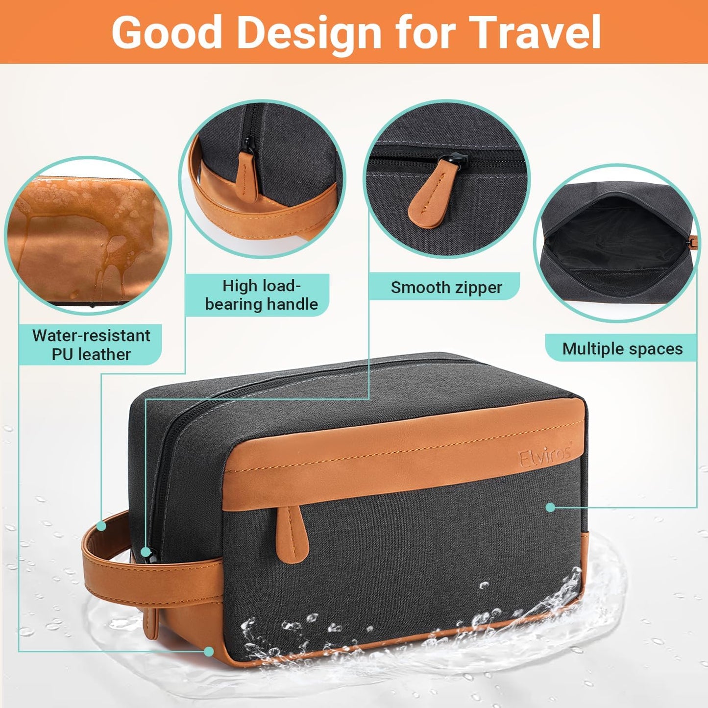 Elviros Travel Toiletry Bag for Men, Hanging Dopp Kit and Shaving Tool Pouch, Water Repellent PU Leather Mens Gift Toiletry Travel Small Bag for Bathroom and Gym, Black