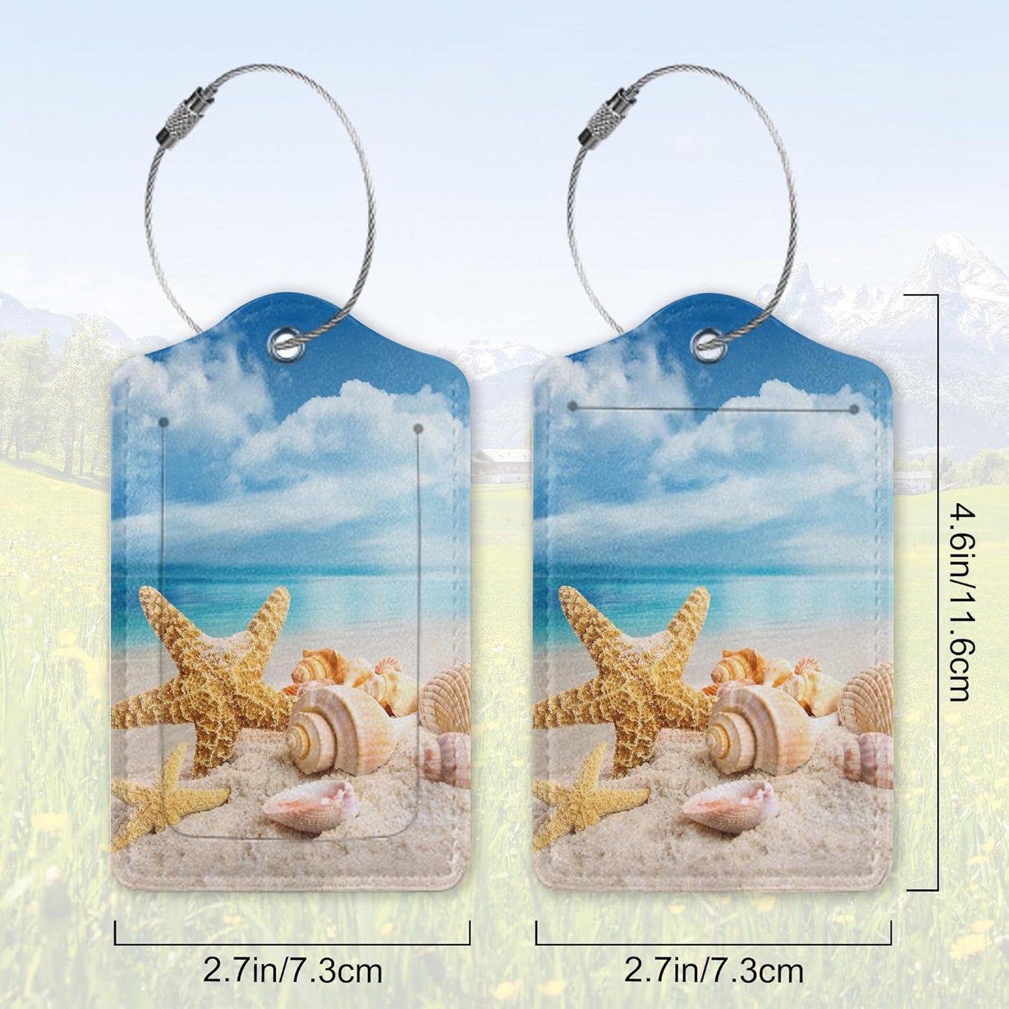 2 Pack Leather Luggage Tag for Suitcase Beach Starfish Seashell Seaside Unique Travel Tags with Privacy Cover ID Label & Stainless Steel Loop for Men and Women Baggage
