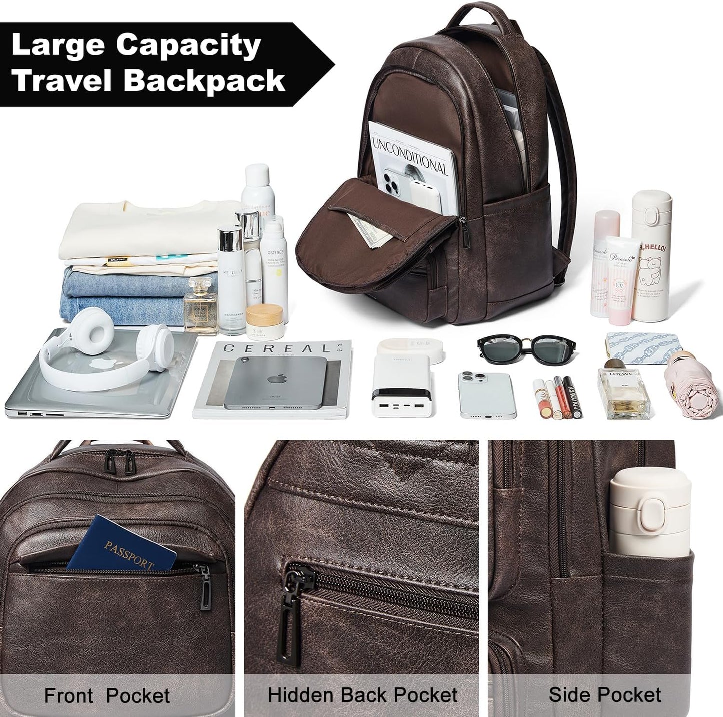43L Backpack Purse For Women Leather Shoulder Diaper Bookbag Tote 17 16 15.6 Inch Laptop Bag Handbags For Travel Work College Large Coffee Color