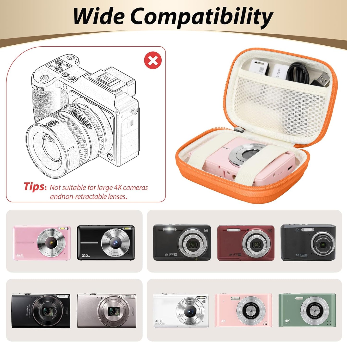 Digital Camera Case for CAMKORY, KODAK PIXPRO FZ45/FZ55, Canon IXUS 285 HS, Lecran, Small Travel Compact Camera Holder with Mesh Pocket for Accessories SD Card (Orange)