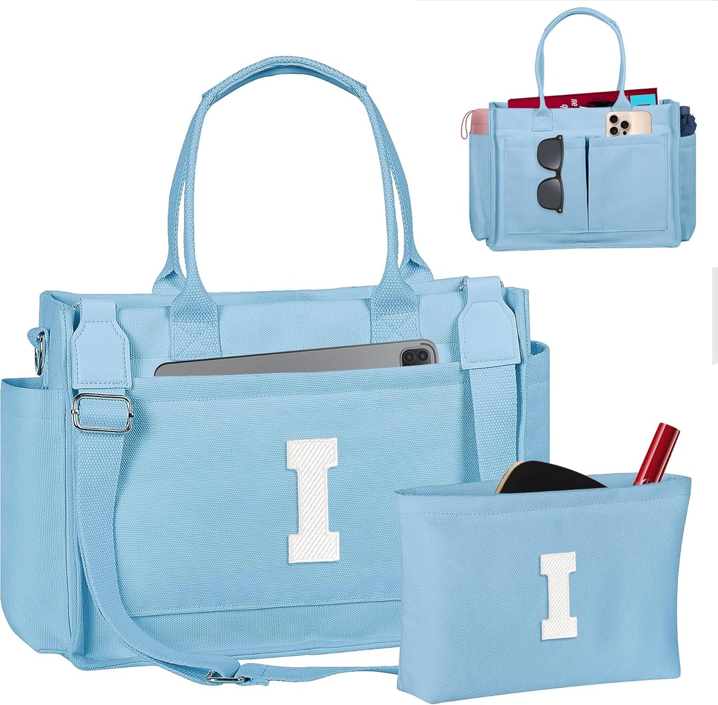 Gifts for Women Teen Girls, Initial Tote Bag with Zipper, Letter Canvas Tote Purse for College Work Laptop Beach