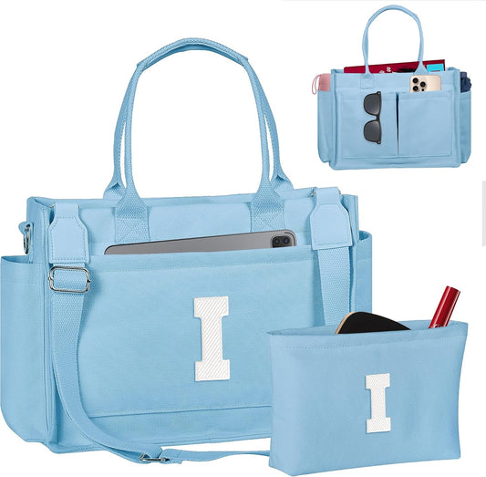 Gifts for Women Teen Girls, Initial Tote Bag with Zipper, Letter Canvas Tote Purse for College Work Laptop Beach