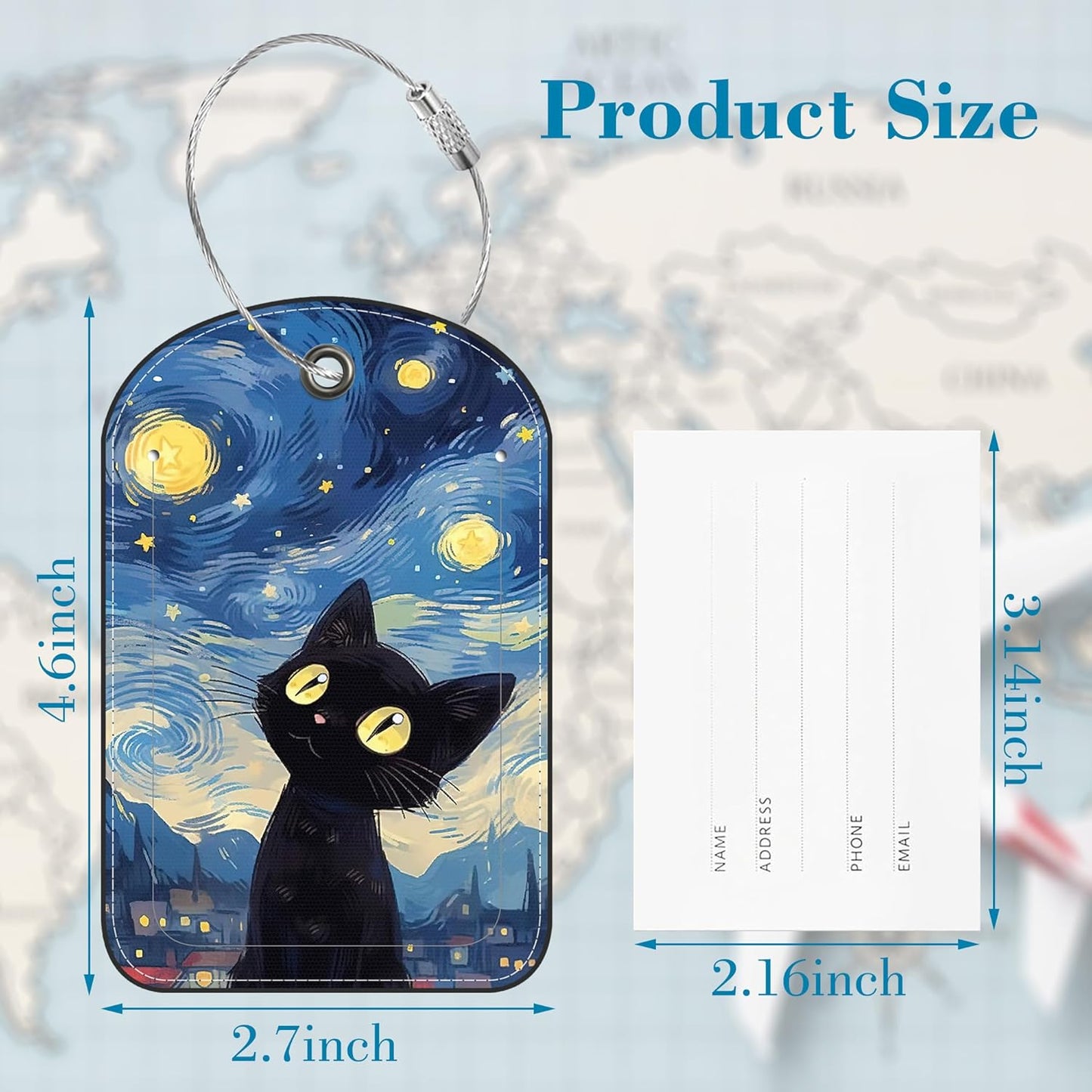 Black Cat Sky Leather Luggage Tag for Suitcase 2 Pack Luggage Tag with Privacy Name ID Label and Stainless Steel Loop for Travel Bag Suitcase