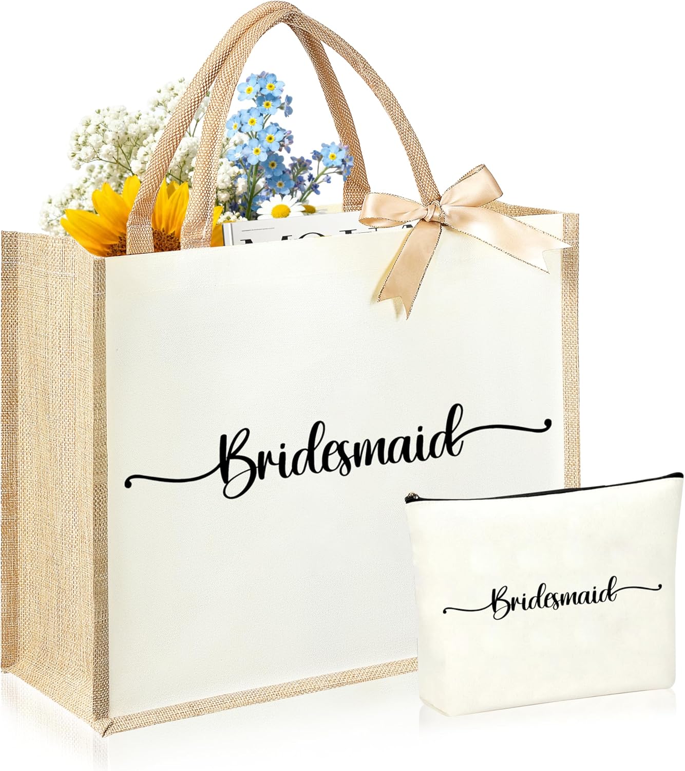 Initial Canvas Tote Bag & Makeup Bag for Women Teacher Bridesmaids，Personalized Present for Wedding, Birthday, Beach