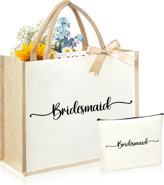 Initial Canvas Tote Bag & Makeup Bag for Women Teacher Bridesmaids，Personalized Present for Wedding, Birthday, Beach