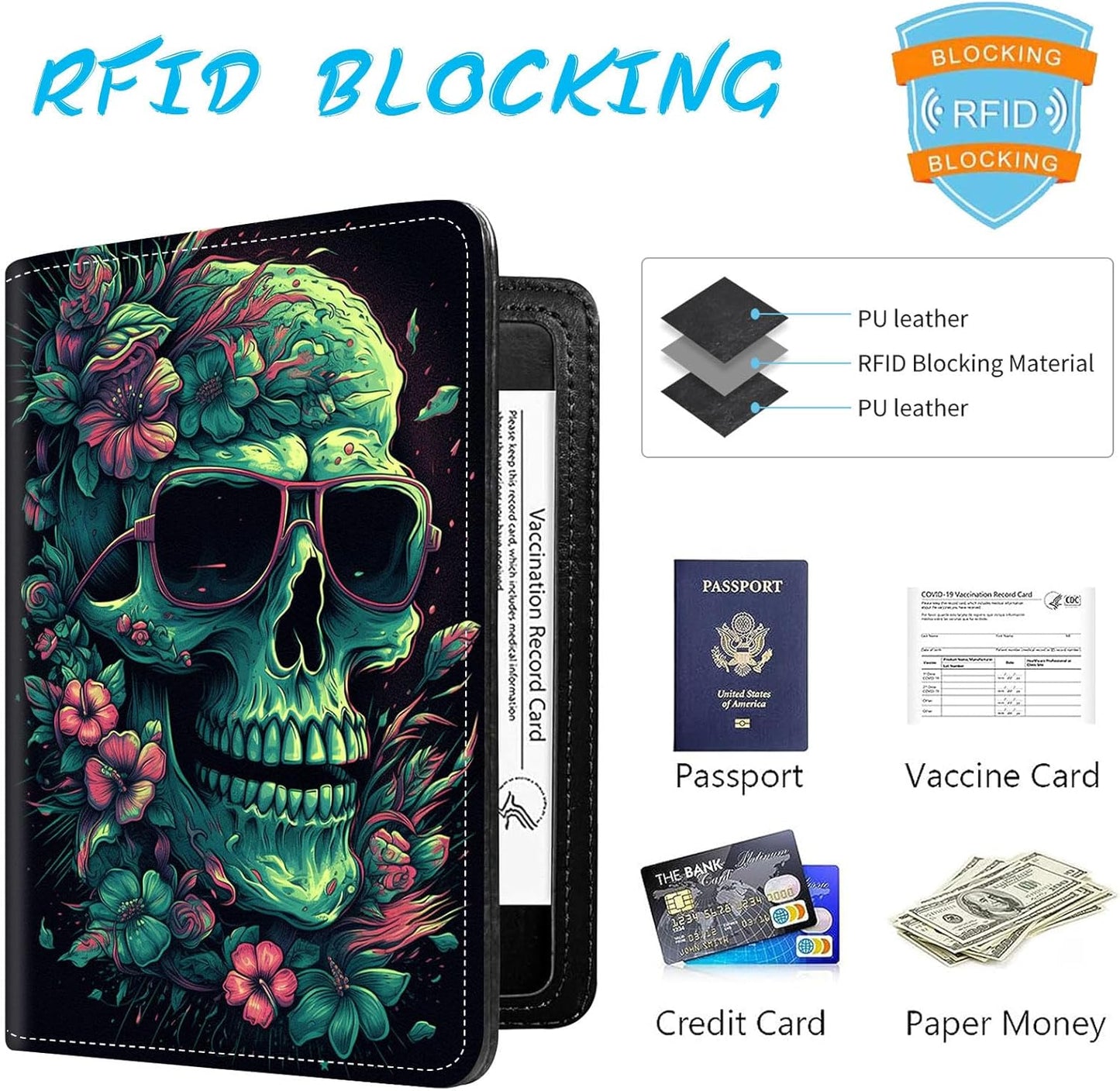 Passport Holder Cover Wallet Travel Essentials RFID Blocking Case Leather Passport Cover Wallet Vaccine Card Slot Organizer for Men Women, Cool Skull