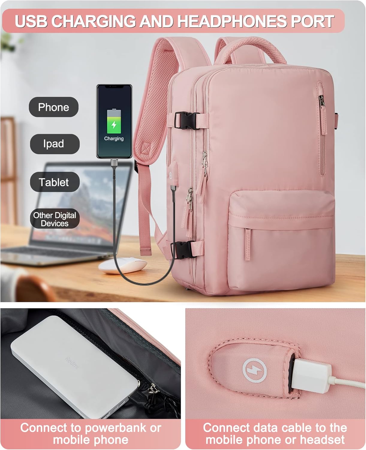 VGCUB Large Travel Backpack Bag for Women Men,Carry on Backpack,17 Inch Laptop Business Work Waterproof Backpack with Laptop Compartment,Person Item Flight Approved,Mochila de Viaje,Pink Large