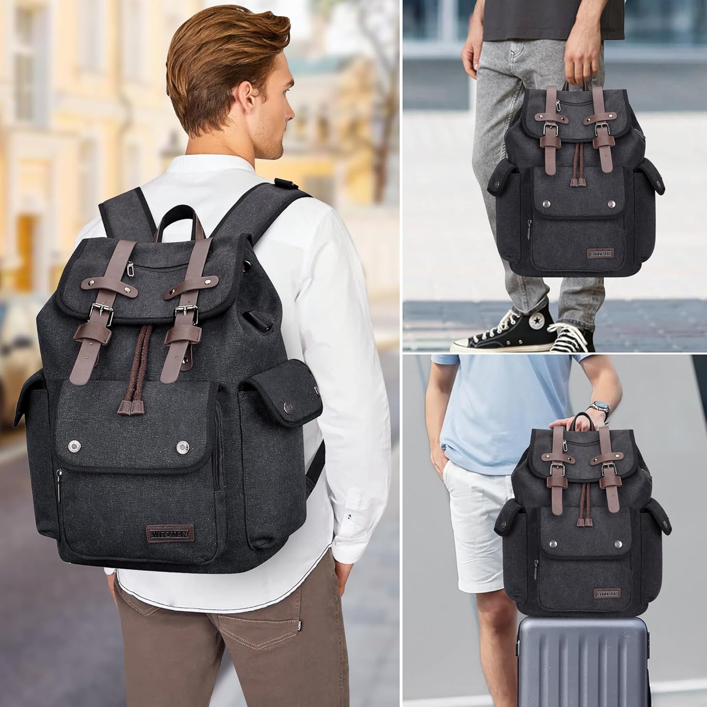 WITZMAN Canvas Backpack for Men Vintage Rucksack Fit 15.6 inch Laptop Backpack Travel High Capacity