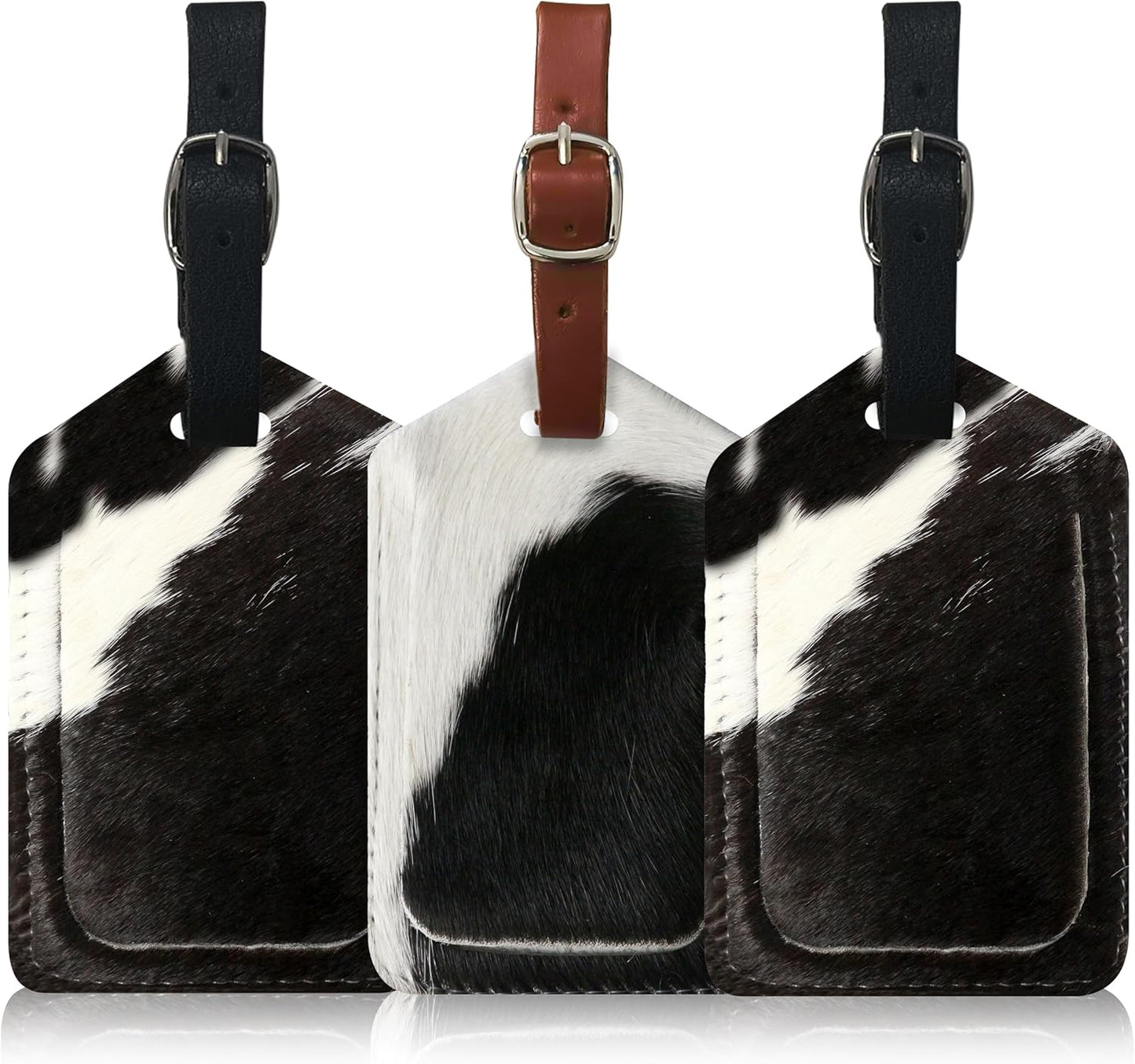 Mulch Leather Genuine Cow Leather Luggage Tag (Pack of 3) for Baggage ID Tags Travel Bag Tags for Suitcases Privacy Cover ID Label (Hair ON)