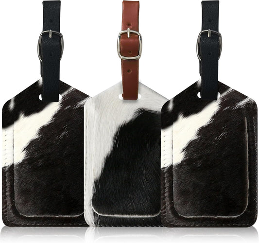 Mulch Leather Genuine Cow Leather Luggage Tag (Pack of 3) for Baggage ID Tags Travel Bag Tags for Suitcases Privacy Cover ID Label (Hair ON)