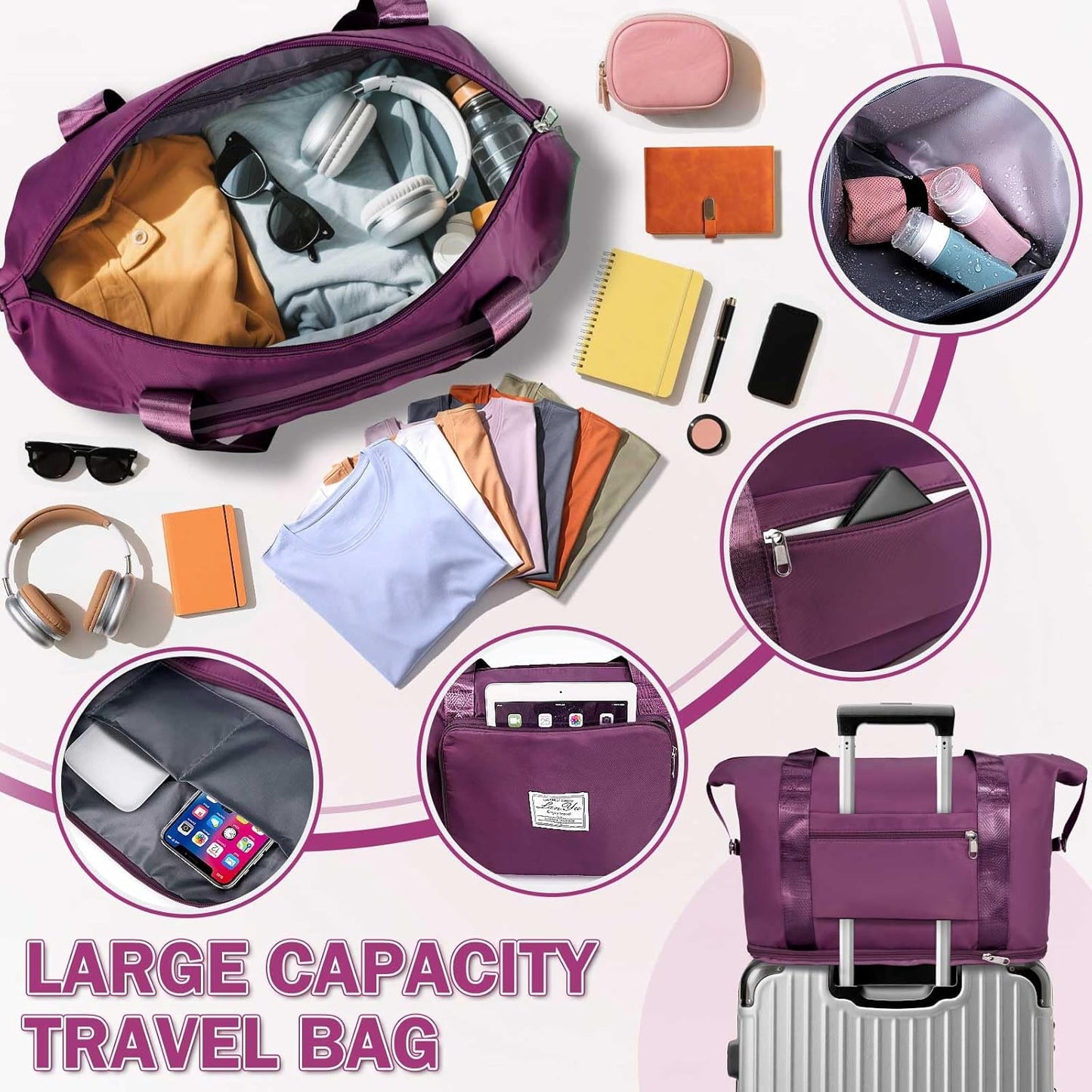 Ranslen Large Capacity Folding Travel Bag,Expansion Travel Duffel Bag with Dry and Wet Separation Portable Travel Duffel Bag