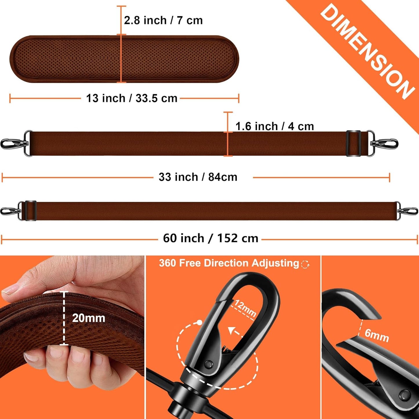 60 Inch Shoulder Strap, Ultra-Thick and Padded with Metal Swivel Hooks for Laptop Messenger and Crossbody Canvas Bags