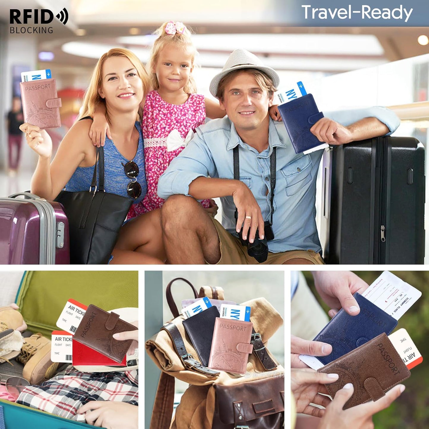 Passport Holder and Card Slot Combo RFID Blocking Leather Family Travel Passport Wallet Travel Accessories for Men Women US Passport Cover Protector (Travel pink)