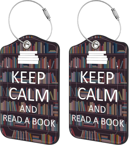 2 Pack Luggage Tags for Suitcase,Keep Calm PU Leather Idea Baggage Tag with Name Labels Privacy Cover Metal Ring Men and Women Travel Cruise Labels
