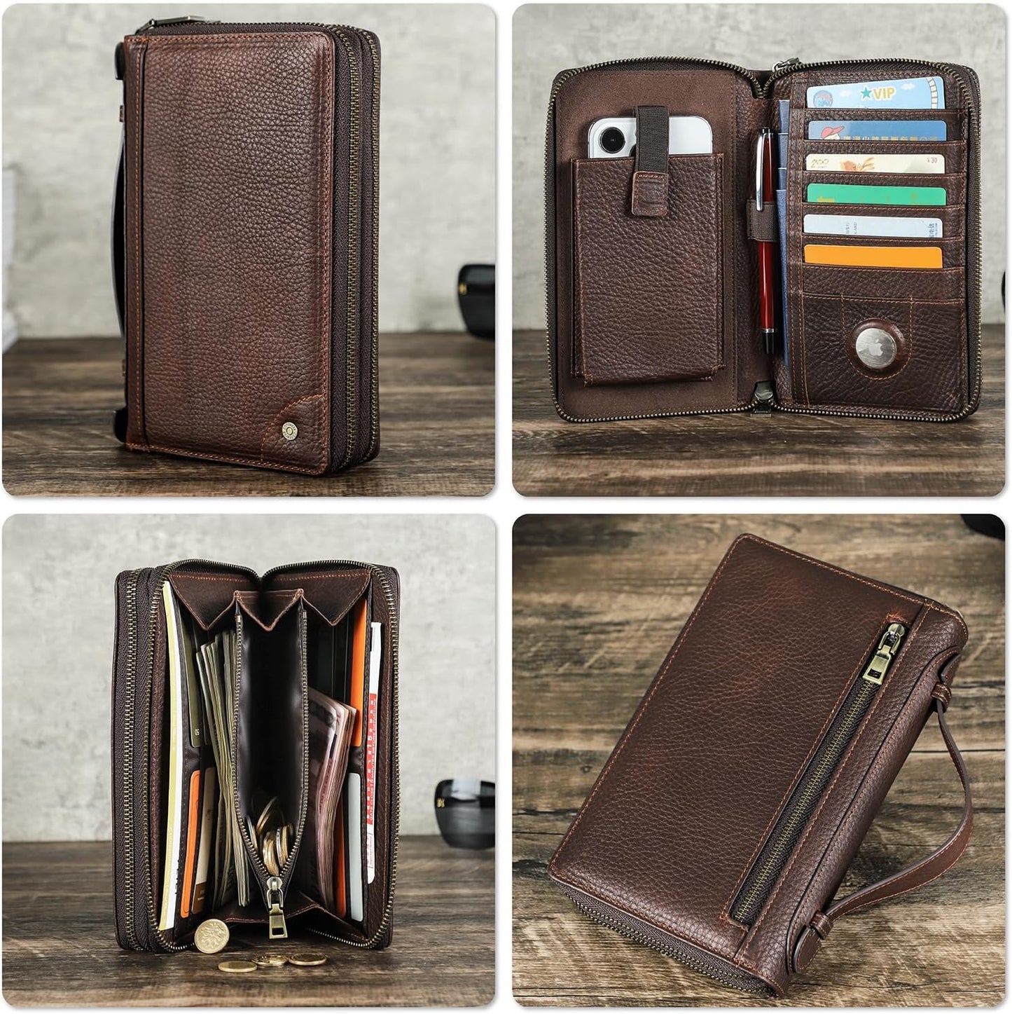 Top Grain Genuine Leather Text Customizable Clutch Wallet Purse for Man & Woman, Classic Vintage Design, Fully Handmade, Multiple Pockets & Slots, RFID Large Capacity for Daily/Business/Traveling/Gift