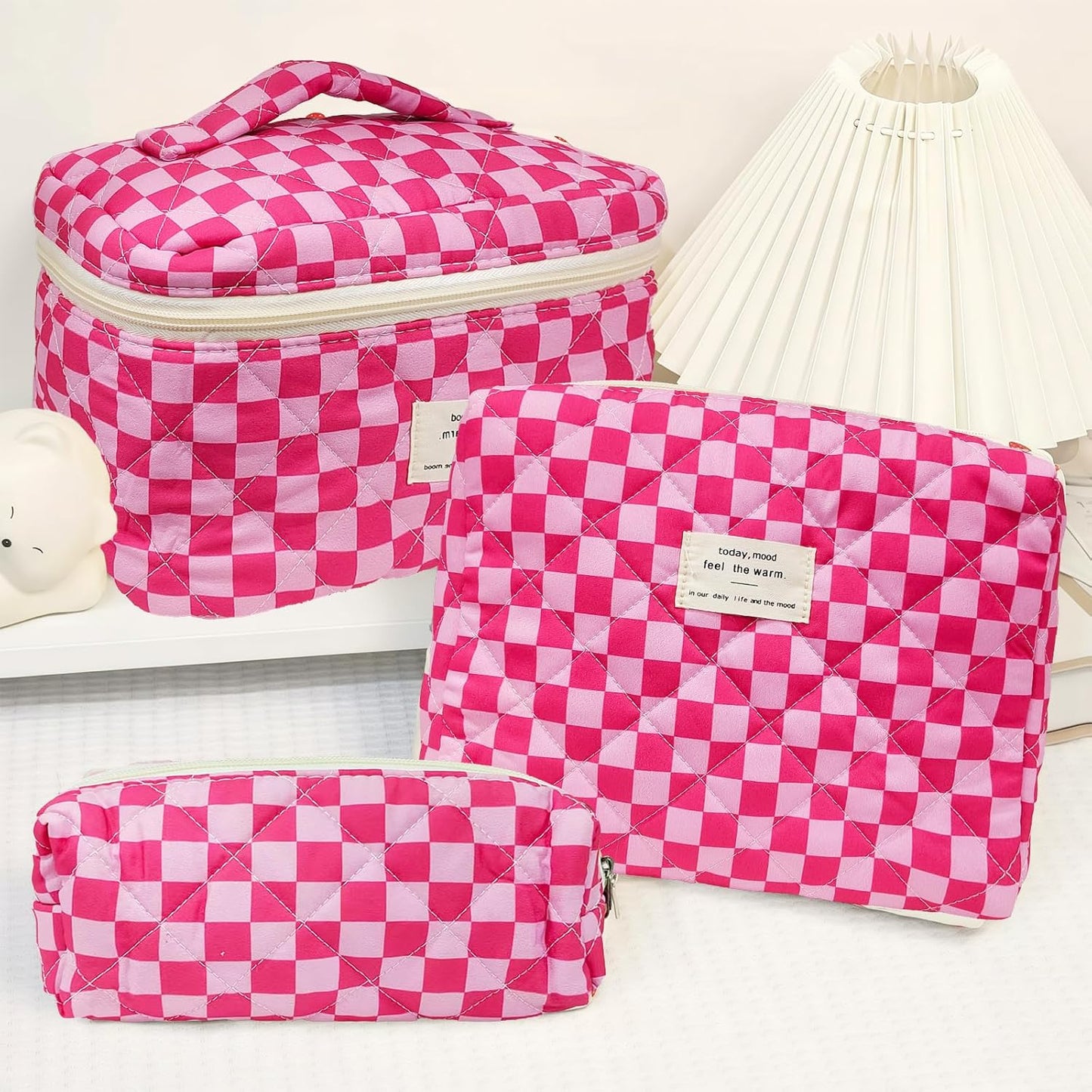 Quilted Makeup Bag, Large Capacity Travel Cosmetic Bag for Women and Girls, Aesthetic Storage for Daily and Travel Use (3pcs-PinkChecker)