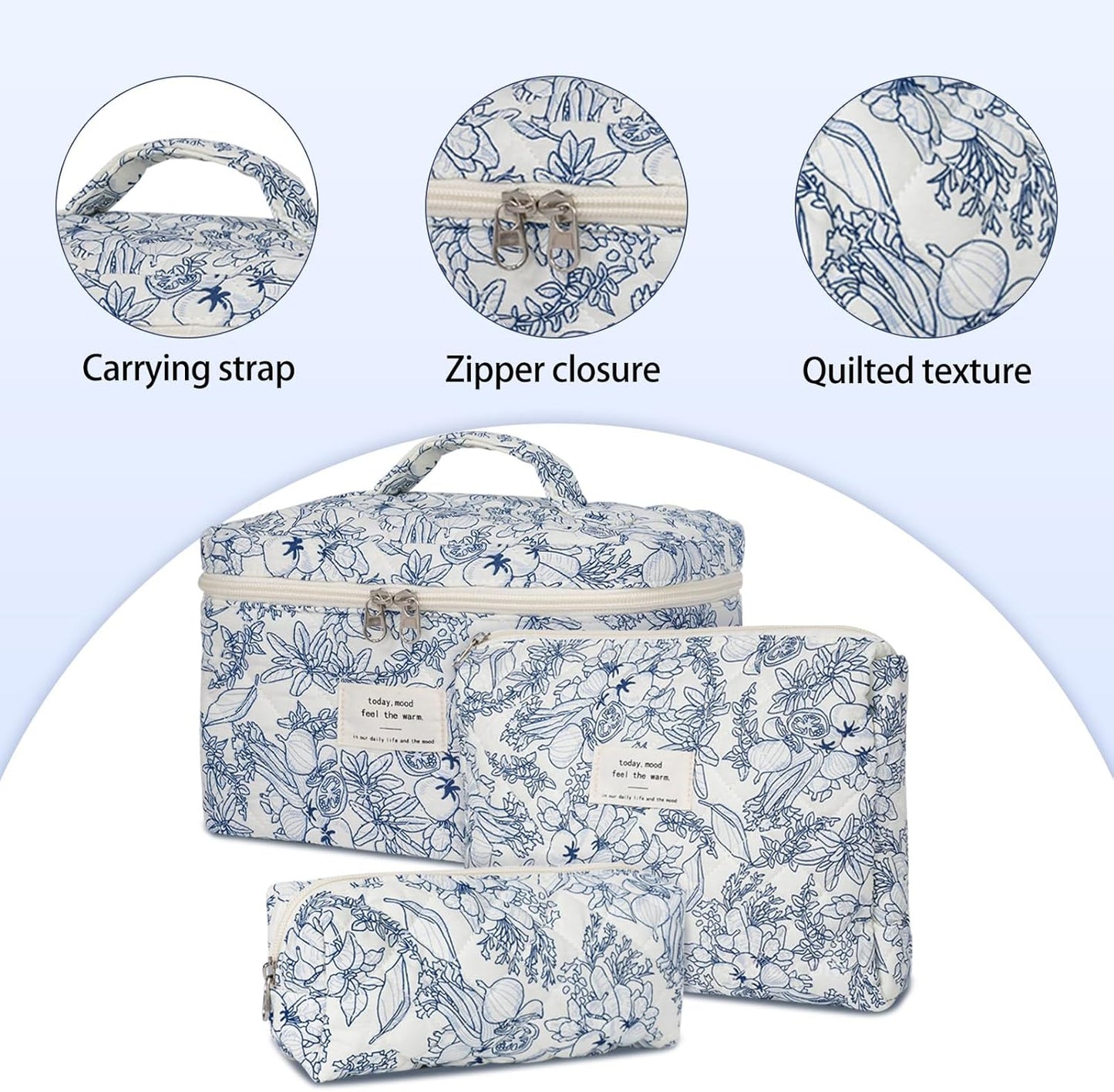 Quilted Makeup Bag,Large Cosmetics Bag Set,Coquette Floral Make up Pouch,Travel Toiletry Bag for Women