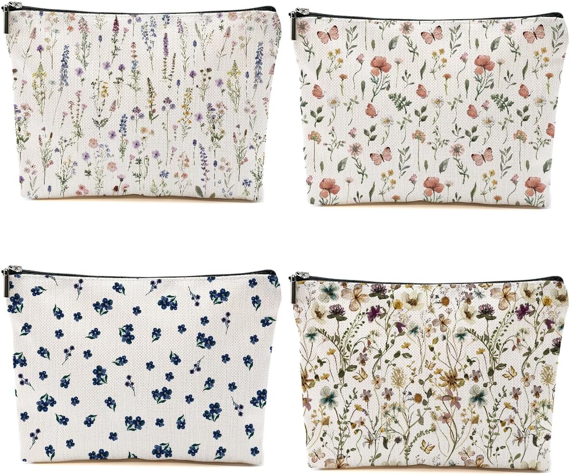 4PCS Christmas Thank You Gifts, Floral Makeup Bags for Women, Cute Flower Aesthetic Travel Toiletry Bag, Coquette Cosmetic Bag, Portable Zipper Pouch Cosmetics Pouch Gifts for Women Girls Girlfriend