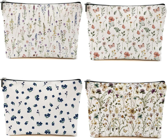 4PCS Christmas Thank You Gifts, Floral Makeup Bags for Women, Cute Flower Aesthetic Travel Toiletry Bag, Coquette Cosmetic Bag, Portable Zipper Pouch Cosmetics Pouch Gifts for Women Girls Girlfriend