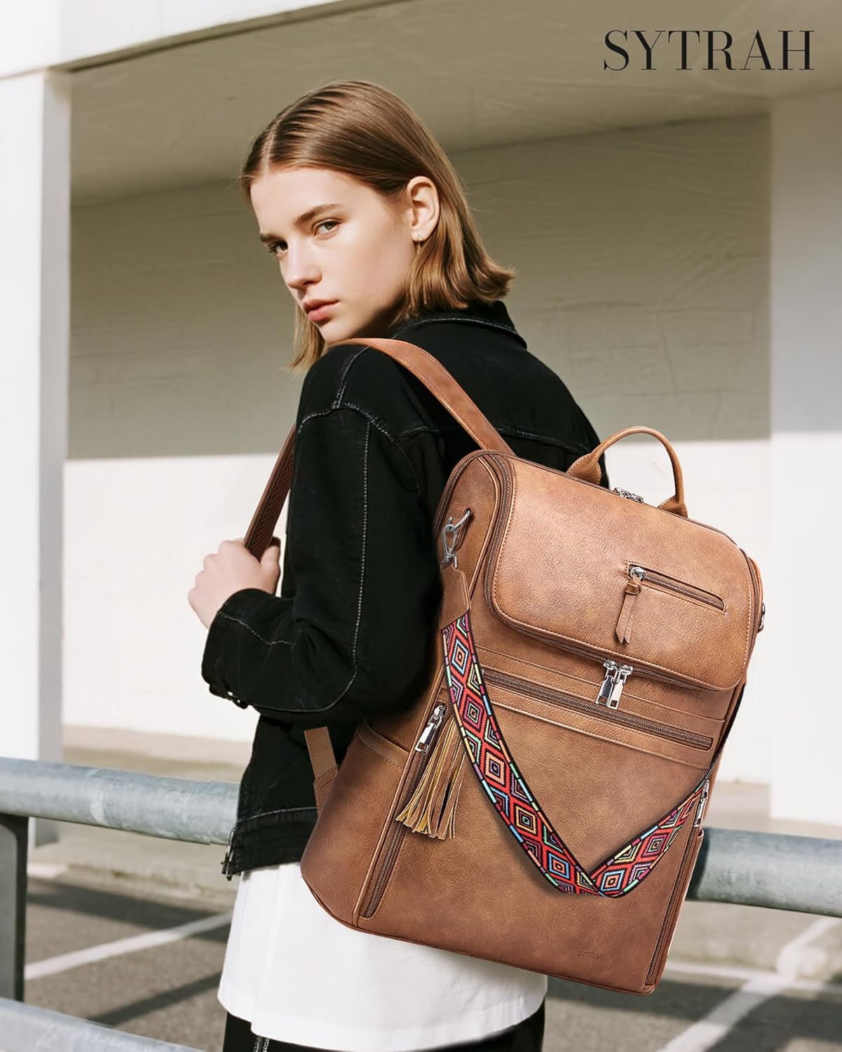 Leather Laptop Backpack for Women Designer Laptop Bag, 16.5 inch Travel Computer Backpacks Purse with Tassel for Work Business with Satchel Purse Brown