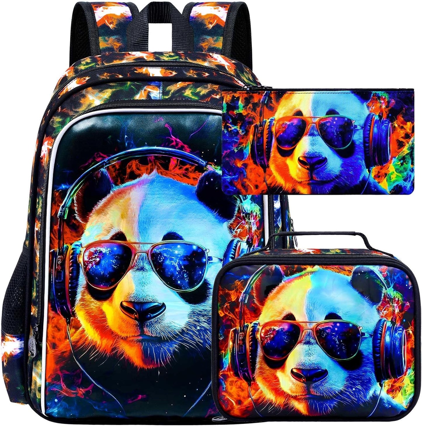 3PCS Panda Bookbag for Boys, Water Resistant Kids Backpack with Lunch Box, 17" School Bag Set for Teenagers Middle Elementary - Sunglasses Panda