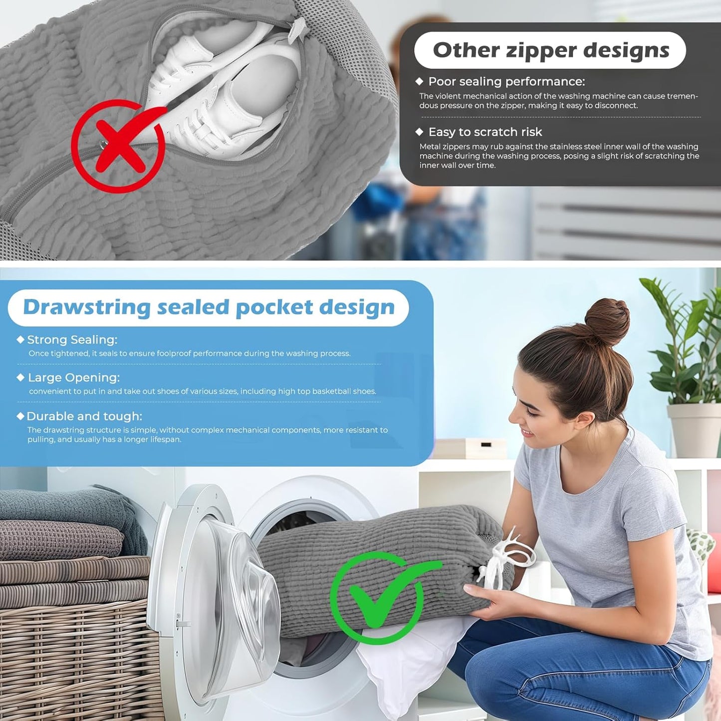 2Pcs Shoe Washing Machine Bag, Reusable Shoe Laundry Bag, Sneaker Washing Machine Bags, Shoe Cleaning Wash Bag with 360° Cleaning Fibers & Adjustable Drawstring, Fits Most Shoes Washer (Gray)