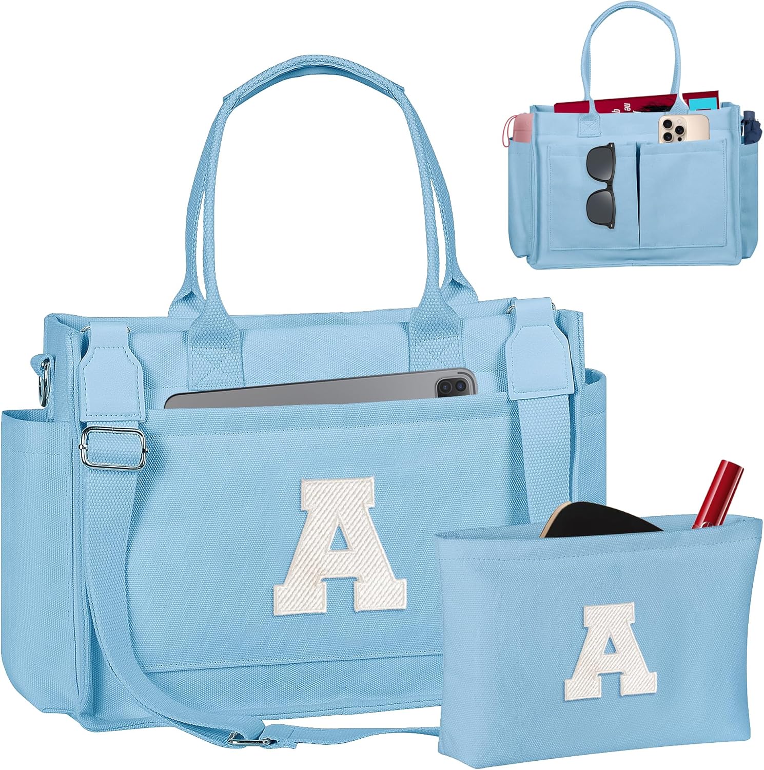 Gifts for Women Teen Girls, Initial Tote Bag with Zipper, Letter Canvas Tote Purse for College Work
