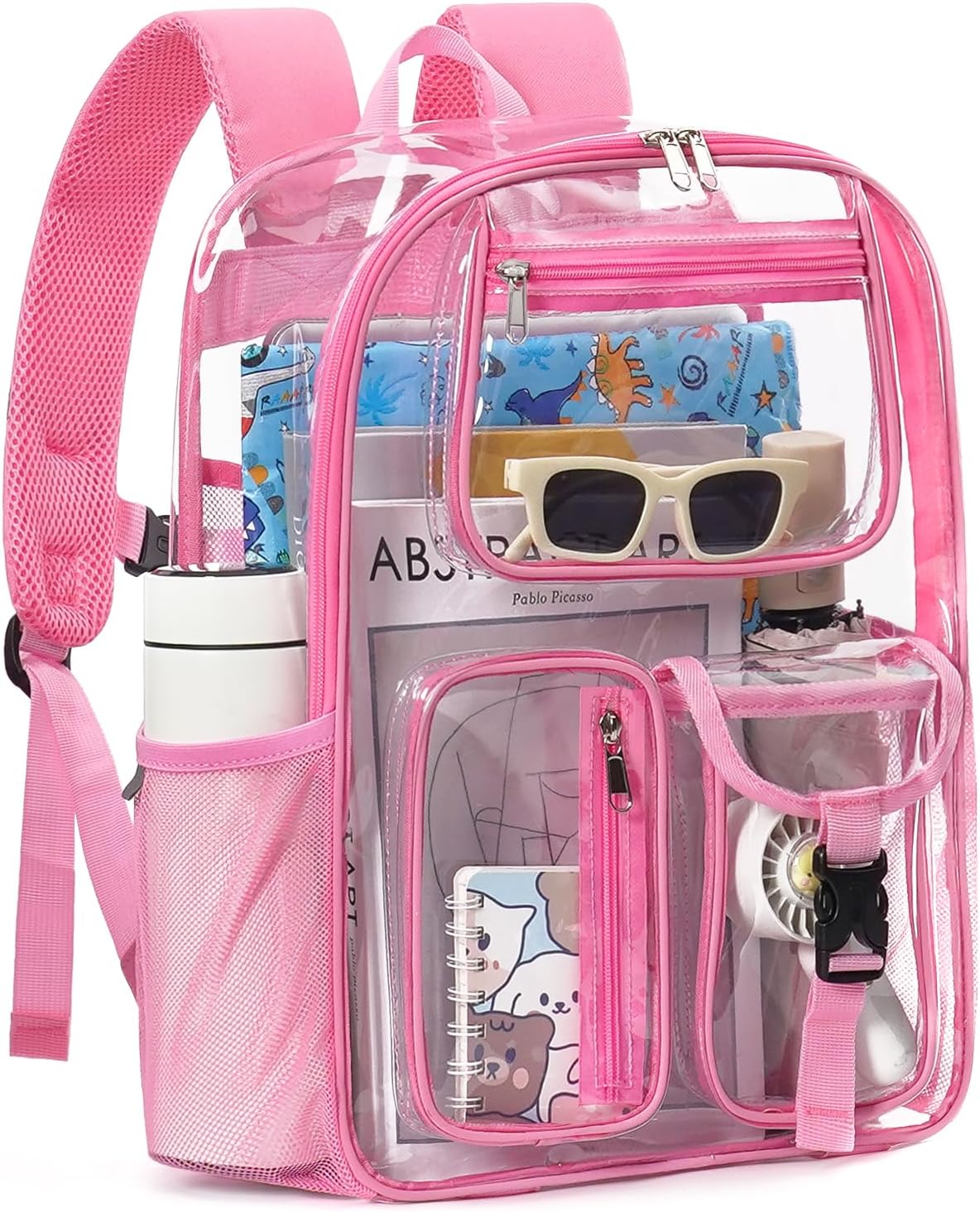 Heavy Duty Clear Backpack For School, 17 Inch Large Clear Bookbag For Kids Boys Girls Women Men, 360° 3M Reflective Strips See Through Backpack, Multi-Pockets Tranparent Bag, College Work, Pink