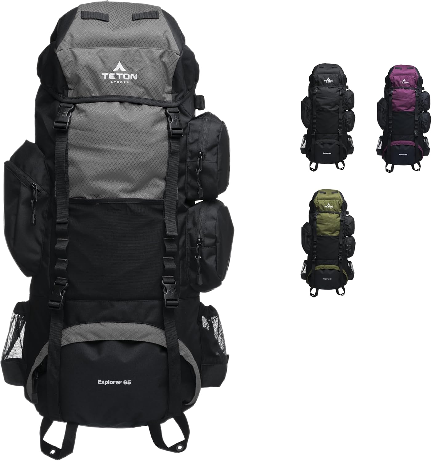 Teton 65L Explorer Internal Frame Backpack for Hiking, Camping, Backpacking, Rain Cover Included, Graphite