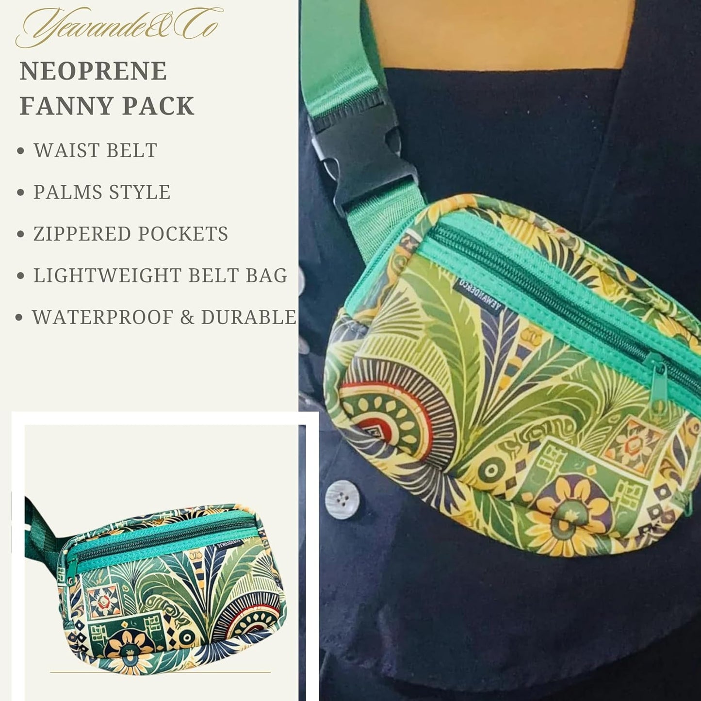 Yewande&co Neoprene Fanny Pack Belt Bag – Lightweight Waterproof Waist Bag with Adjustable Strap, 3 Zippered Pockets, Crossbody Belt Bag for Travel, African Design Crossbody Bags (Palms)