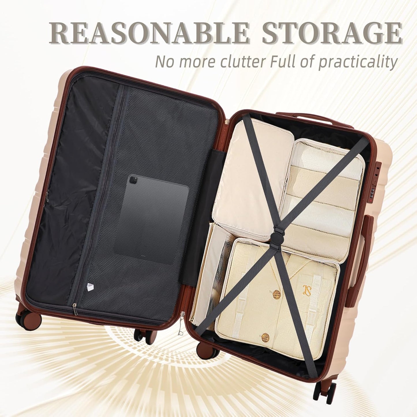 Campfun 3 Piece Luggage Sets, ABS Suitcase Set with Double Spinner Wheels Hang Hook, Durable Carry On Luggage with Combination Lock, 20/24/28 inch, Beige
