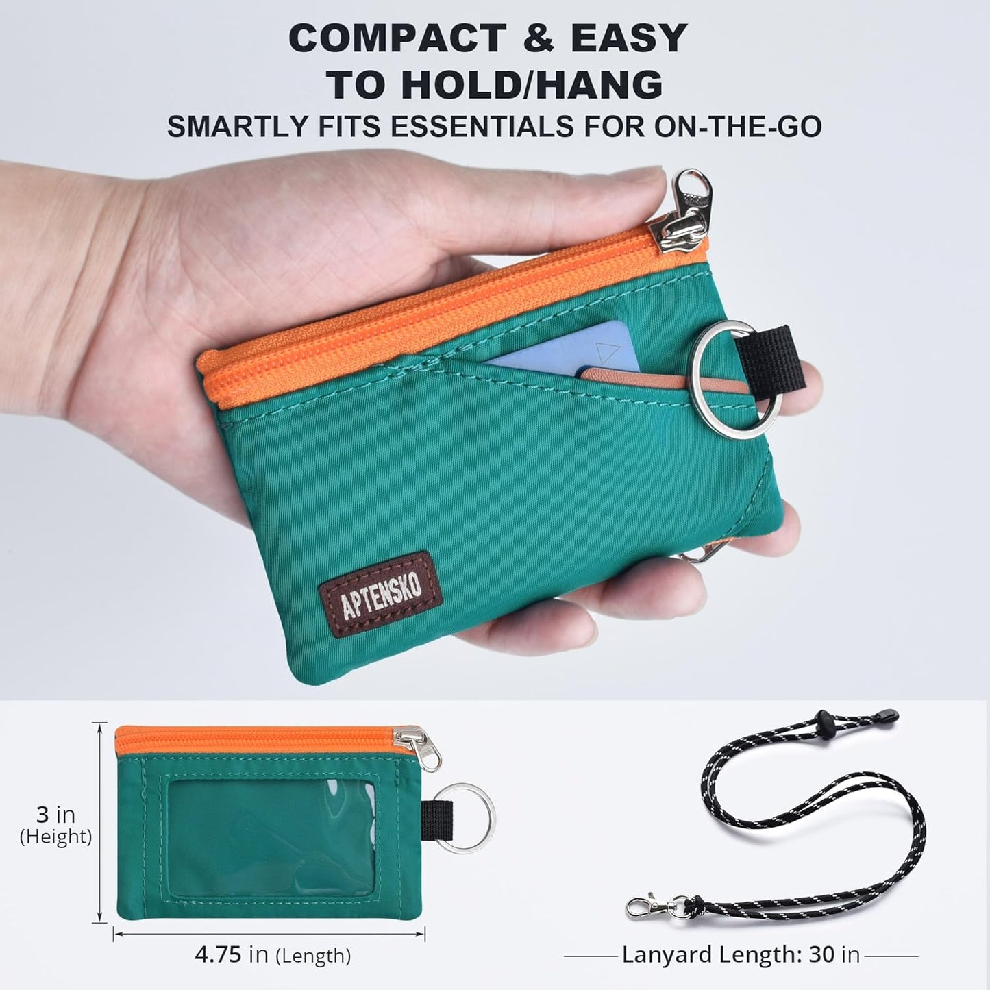 RFID Travel Wallet with Adjustable Lanyard-Zipper Small Wallet with ID Card Holder, Keychain for women&men-Minimalist Slim Waterproof Nylon case for ID, Cash, Key (Turquoise)