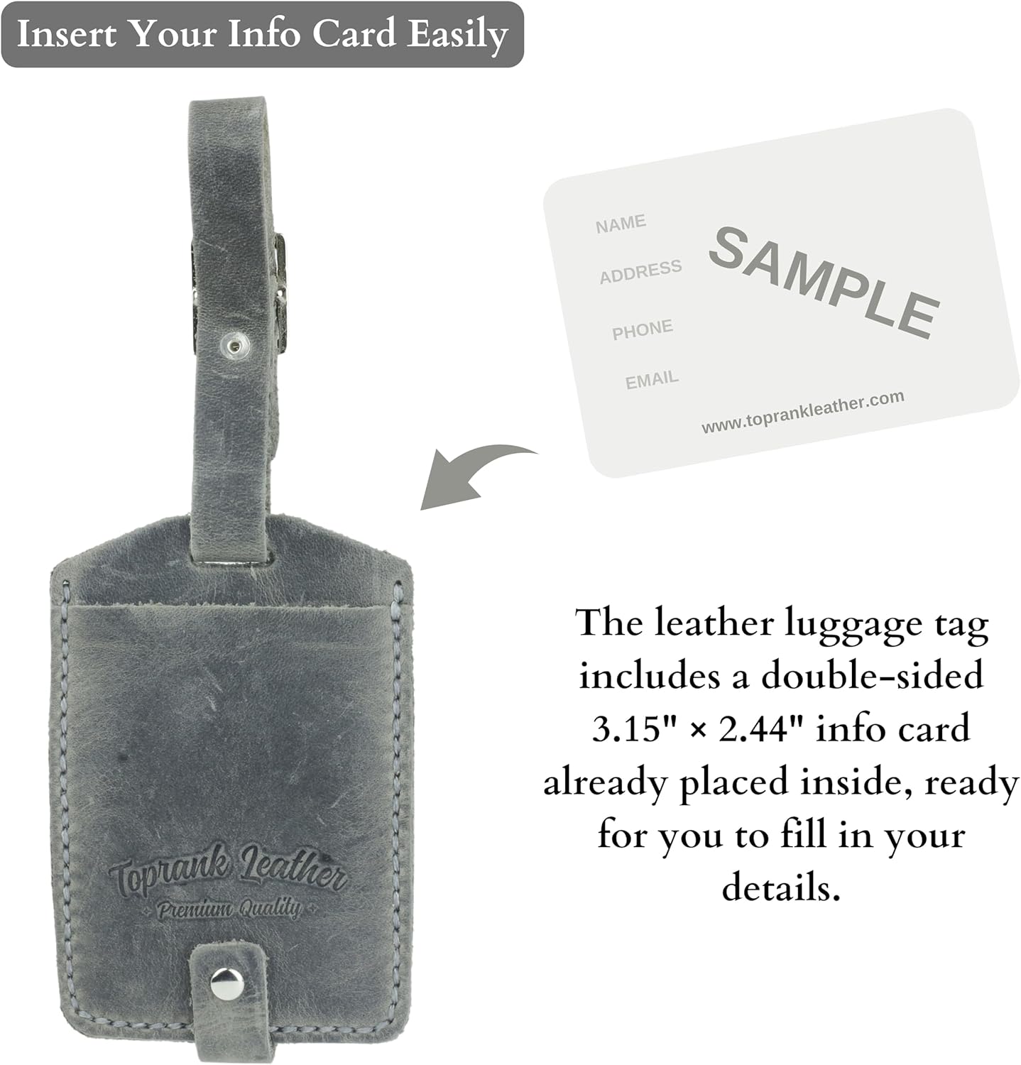 Toprank Leather Genuine Luggage Tags – Durable Leather Bag Tags for Travel, Baggage & Accessories (Gray)