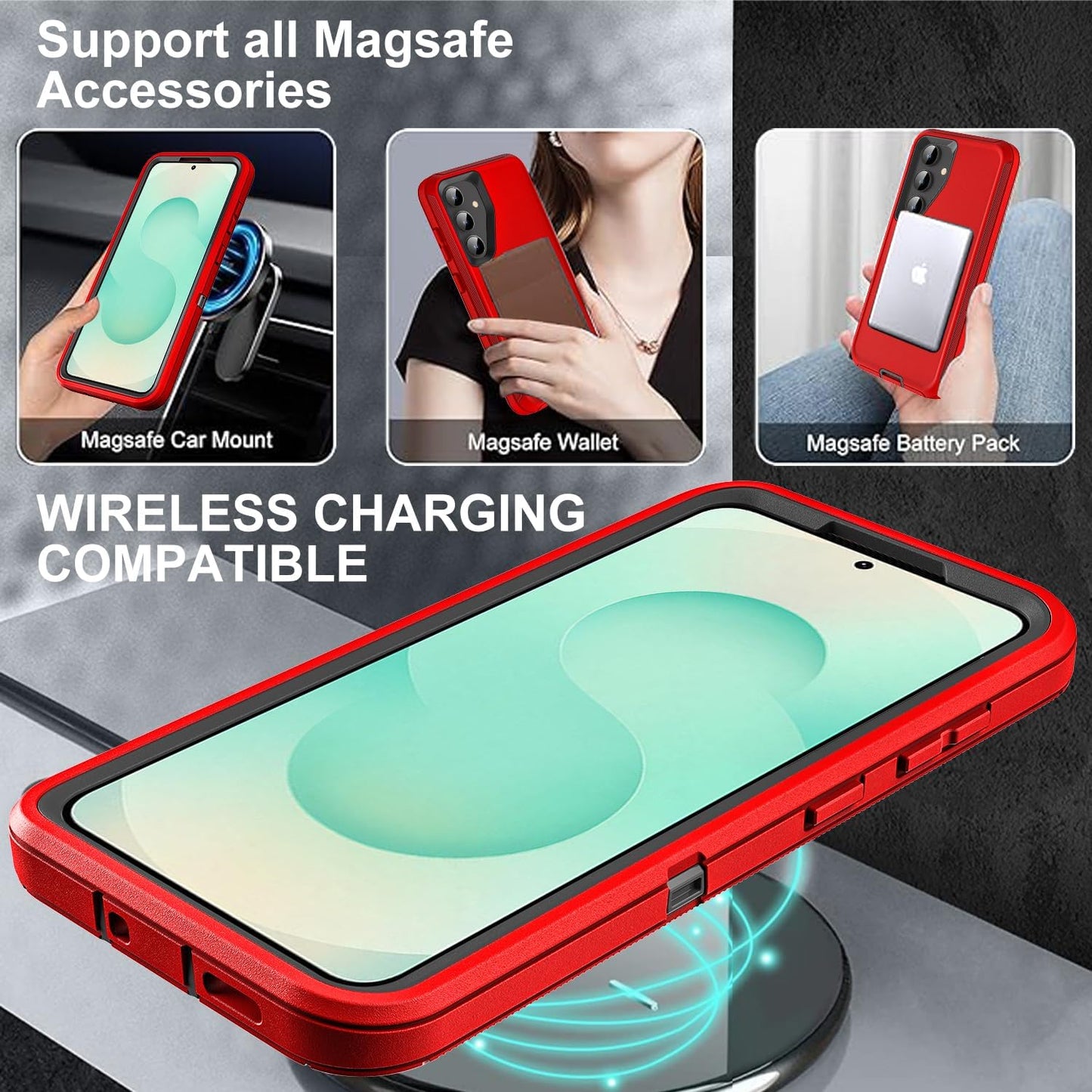 for Samsung Galaxy S25 Plus Case, Compatible with Magsafe, Military Grade 3 in 1 Heavy Duty Case with 2Pcs Tempered Glass Screen Protector & Camera Lens Protector (New-Red/Black)